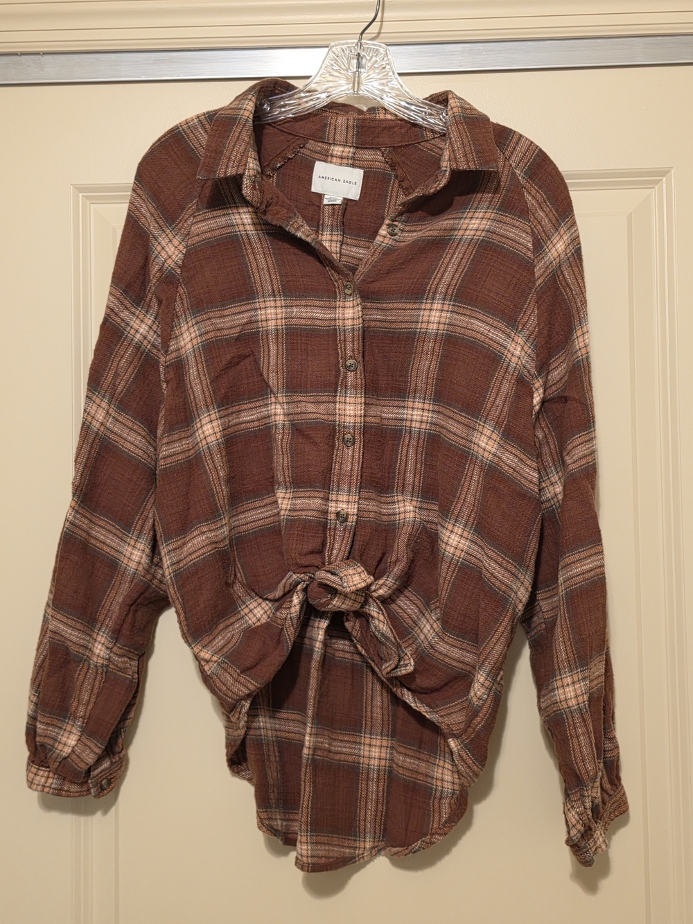 American Eagle Outfitters Brown Plaid Tie-Front Button-Down Shirt